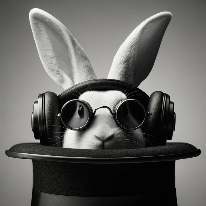 closeup of rabbit wearing wire-rimmed sunglasses and headphones emerging from a top hat