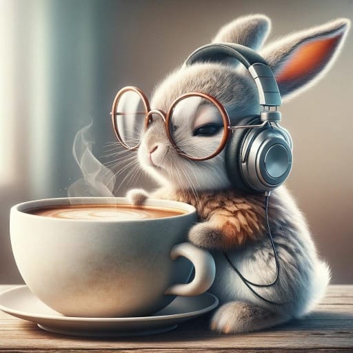 rabbit wearing glasses & over-ear headphones sniffing steam from giant coffee cup & slowly awakening