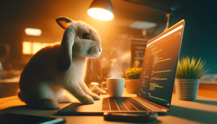 a long-eared rabbit programming at a laptop, with a cup of steaming liquid also on the desk